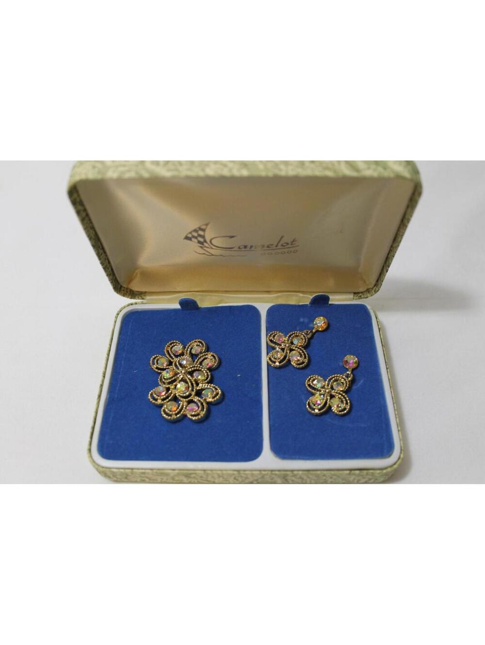 Vintage CAMELOT Aurora Borealis Brooch and Clip Earrings